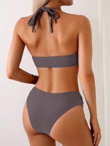 Swim Basics 女款性感兩件式純色雙肩帶露背比基尼套裝，夏季泳裝 - 咖啡棕 - 查看 2