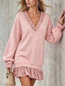 LUMIGAL Women's Autumn/Winter New Leopard Print Long Sleeve V-Neck Sweatshirt, Women's Long Sweatshirt, Ruffle Design, Fashionable And Versatile - Multicolor - View 5