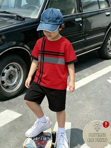 Genkimix Kids 两件套男童休闲撞色条纹印花短袖T恤和印花短裤套装，适合夏季户外活动 - 彩色 - 查看 2