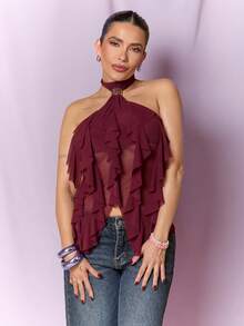 Dania Mndz Shop Women's Elegant Multi-Layer Ruffle Trim Stand Collar Fitted Tank Top Casual Summer - Burgundy - View 1