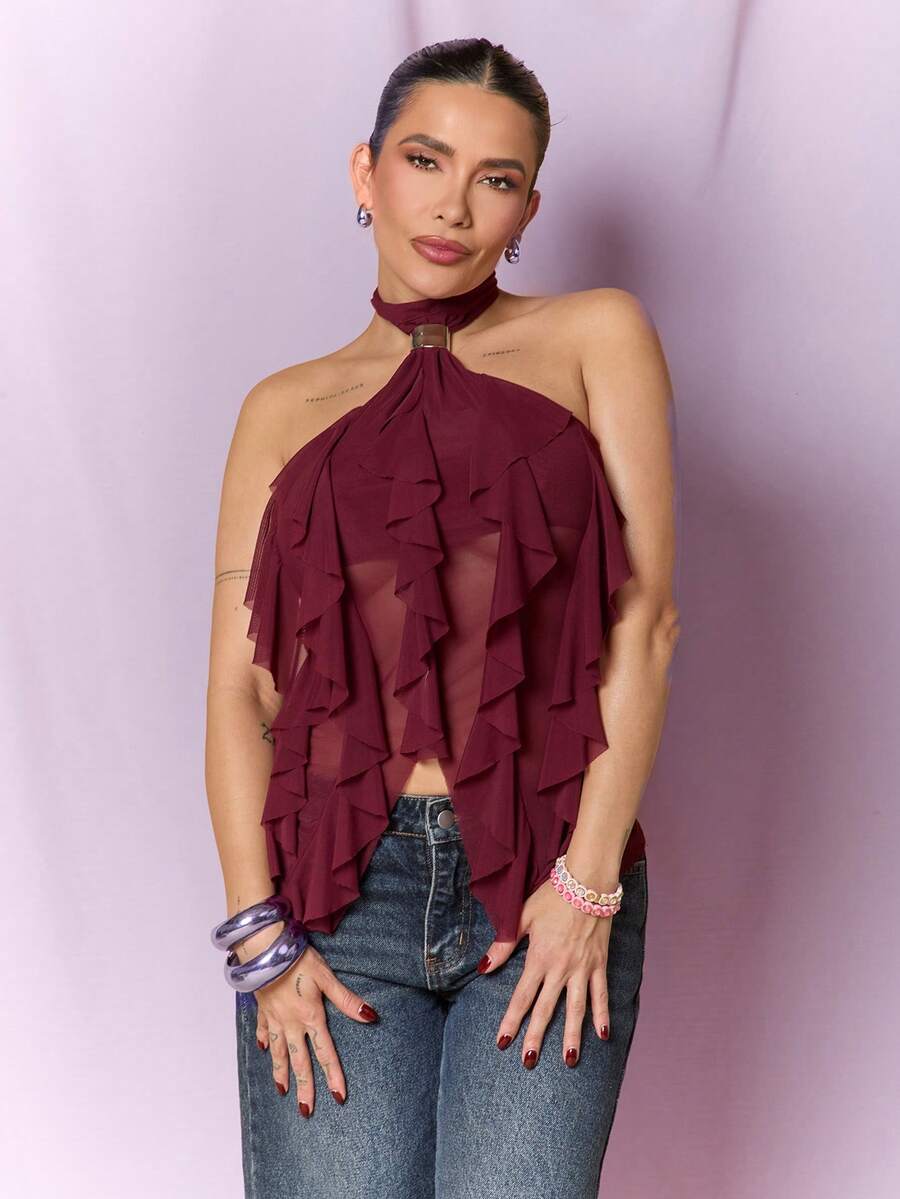 Dania Mndz Shop Women's Elegant Multi-Layer Ruffle Trim Stand Collar Fitted Tank Top Casual Summer - Burgundy - View 1