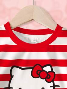 HELLO KITTY AND FRIENDS | SHEIN 女童圆领短袖条纹休闲卡通可爱印花T恤套装，夏季 - 白色 - 查看 3