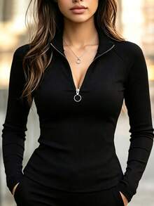 SHEIN Pure Black Textured Vertical Stripe Stand Collar Half-Zip Metal Ring Zipper Long Sleeve T-Shirt, Raglan Split Cut Slim Fit Cinched Waist Cropped Silhouette, Body-Flattering Daily Commute Base Layer - Black - View 1