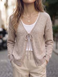 SHEIN Casual Loose V-Neck Long Sleeve Knit Front Tie Design Khaki Women's Spring/Autumn Thin Cardigan,Going Out Top,Fall Outfits,Basic Tops,Social Tops - Khaki - View 2