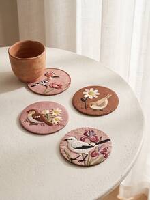 Haus Hana 4PCS/8PCS Anti-Scald Round Dining Pad, Wear-Resistant Imitation Woven Printed Fabric, Vintage Floral Bird Pattern Anti-Slip Isolation Coaster For Indoor Tea Table Kitchen Layout, Gift For Home Aesthetic Arrangement Enthusiasts Festival Gift - Multicolor - View 3