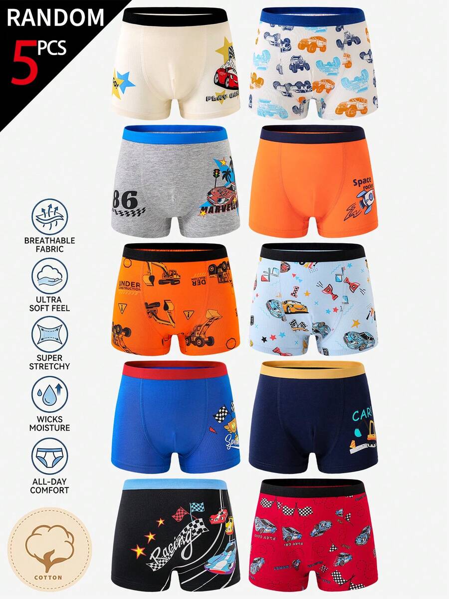[5 Random Piece] Young Boys Trunks-Random Five Pack Colorful Cartoon Vehicle Dinosaur Stars Fun Patt - Multicolor - View 1