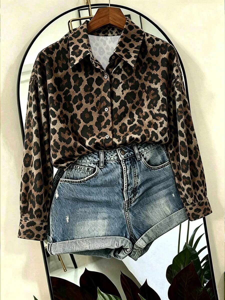 Resyla Kemeja Leopard Lengan Panjang Vintage Wanita, Kancing Depan, Longgar, Kasual, Kerah, Blus, Atasan Musim Gugur, Gaya Musim Gugur Terbaru - MultiWarna - View 1