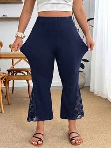 Enliva Celana Panjang Model Lebar Kasual Musim Panas Ukuran Besar, Celana Pendek, Celana Lebar dengan Hiasan Renda - Navy Blue - View 3