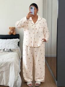 Napfluff CURVE Napfluff CURVE Bubble Crinkle Cartoon Bear Print Shirt-Style Open Front Plus Size Pajama Set - Apricot - View 1