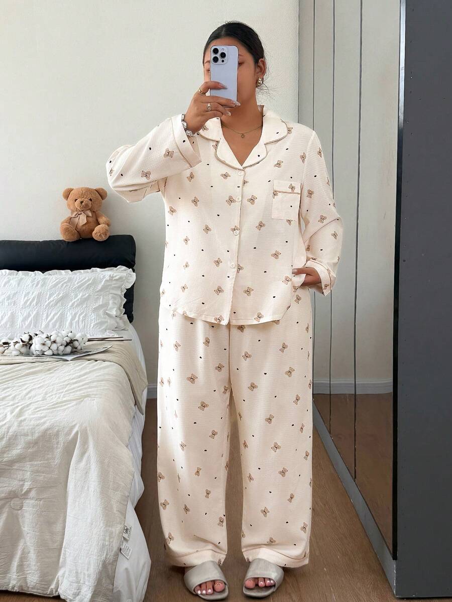 Napfluff CURVE Napfluff CURVE Bubble Crinkle Cartoon Bear Print Shirt-Style Open Front Plus Size Pajama Set - Apricot - View 1