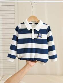 SHEIN Kids Young Boy Cartoon Bear Patch Striped Long Sleeve Polo Shirt - Multicolor - View 7