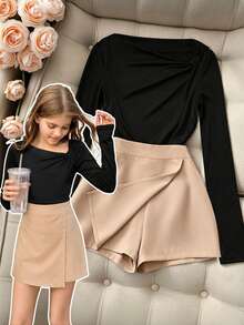 SHEIN Elladie kids Tween Girl Fall Outfits Fall Tops Fall Two Pieces Set Of Korean Soft Girl And Big Child Set: Open Shoulder Long Sleeved Top+Front Sli... - Black - View 9