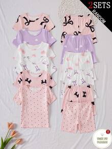 2套女童幼童貼身家居服套裝 盲盒風格 6款設計 2件上衣與短褲 印有甜美蝴蝶結心形波點圖案 打造清新可愛造型 全色調為粉色紫色與白色 柔軟針織面料 親膚滑順 垂墜感佳 針織面料 可機洗 舒適貼身 (2套將從6款風格中隨機選取) - 彩色 - 查看 3