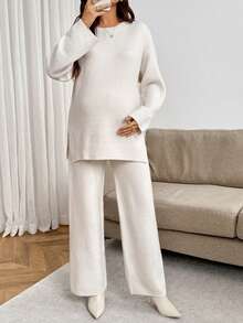SHEIN Maternity Solid Color Crew Neck Side Slit Hem Sweater And Adjustable Waist Knit Long Pants Casual Set Winter - Apricot - View 6