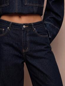 SHEIN BAE 女款時尚百搭鈕扣口袋寬鬆牛仔褲 - 藍色 - 查看 5