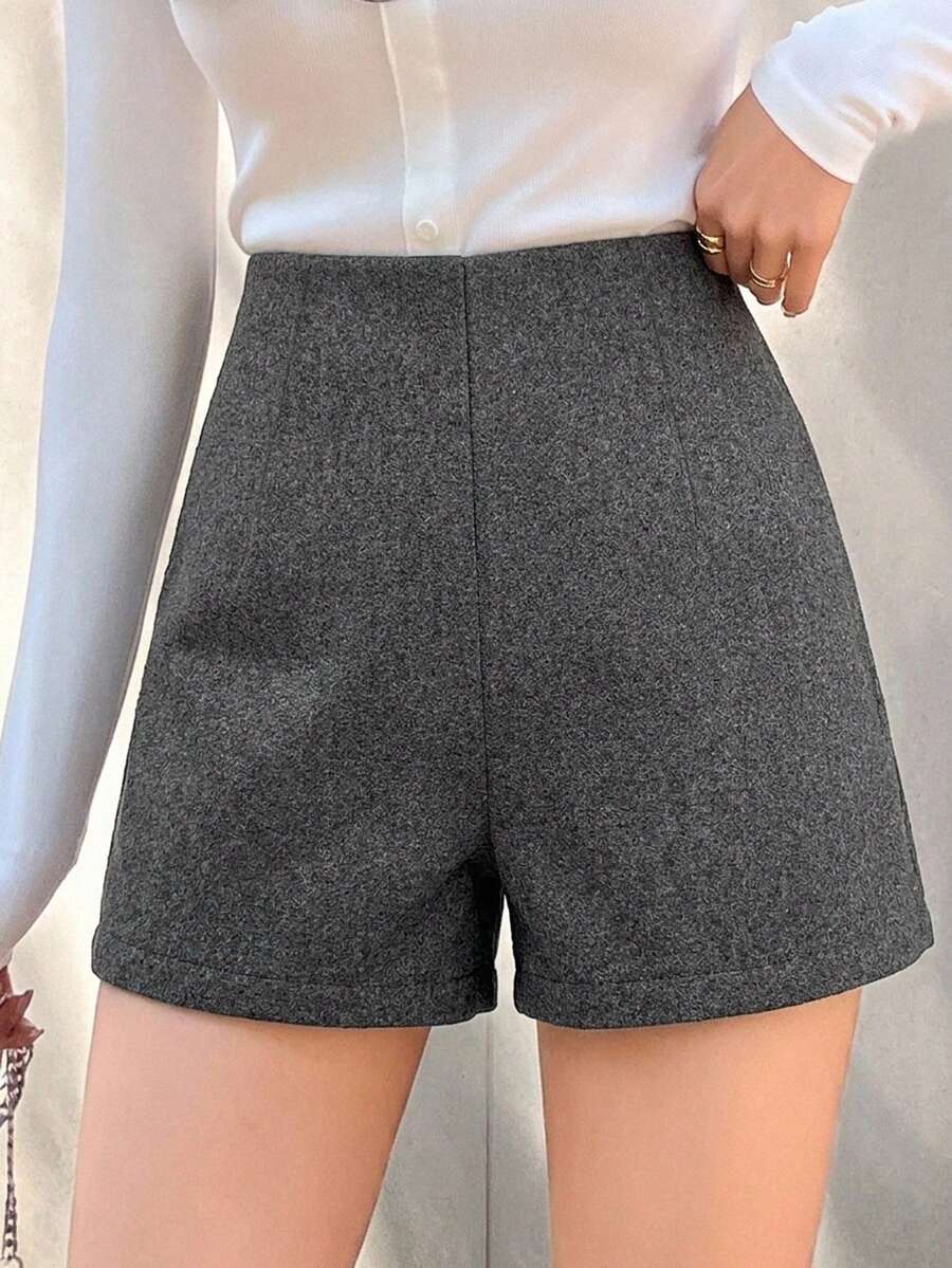 DAZY 女款純色高腰休閒通勤短褲 - 灰色 - 查看 1