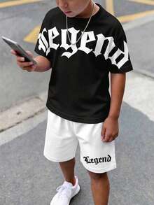 青少年男孩休閒舒適時尚極簡圓領短袖T恤與短褲套裝，經典酷哥德文字圖案印花，適合街頭穿搭，適合春夏 - 彩色 - 查看 4