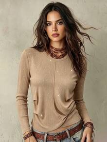 Franclia Women's Solid Color Round Neck Long Sleeve Ribbed Rhinestone Embellished Fashion T-Shirt - Khaki - View 1