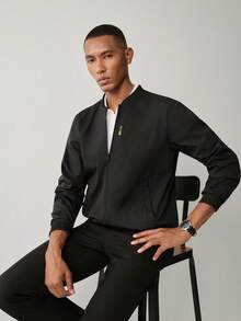 Manfinity CityGents Men Black Fabric Bomber Jacket With Long Regular Sleeves And Zipper Closure For Everyday Wear , Fall - Black - View 7