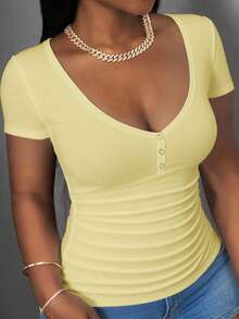 Slaydiva Camiseta de Talla Grande Casual Versátil de unicolor para Verano - Amarillo claro - Ver 1