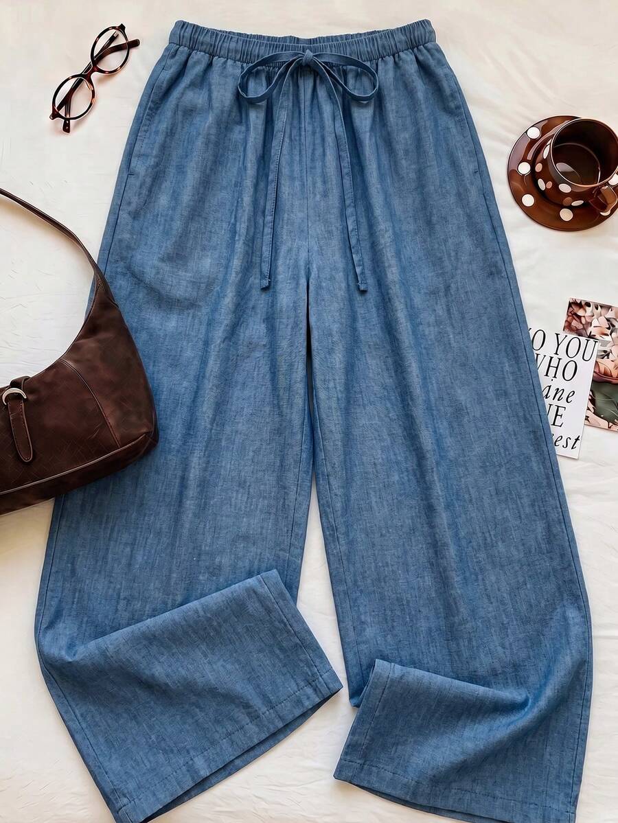 Attitoon Celana Panjang Wanita Model Kasual Minimalis Bahan Katun Tenun Tekstur Imitasi Warna Biru Potongan Longgar Cocok untuk Liburan Musim Semi/Panas - Biru - View 1