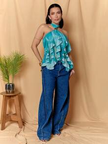 Dania Mndz Shop Women's Elegant Multi-Layer Ruffle Trim Stand Collar Fitted Tank Top Casual - Blue - View 6