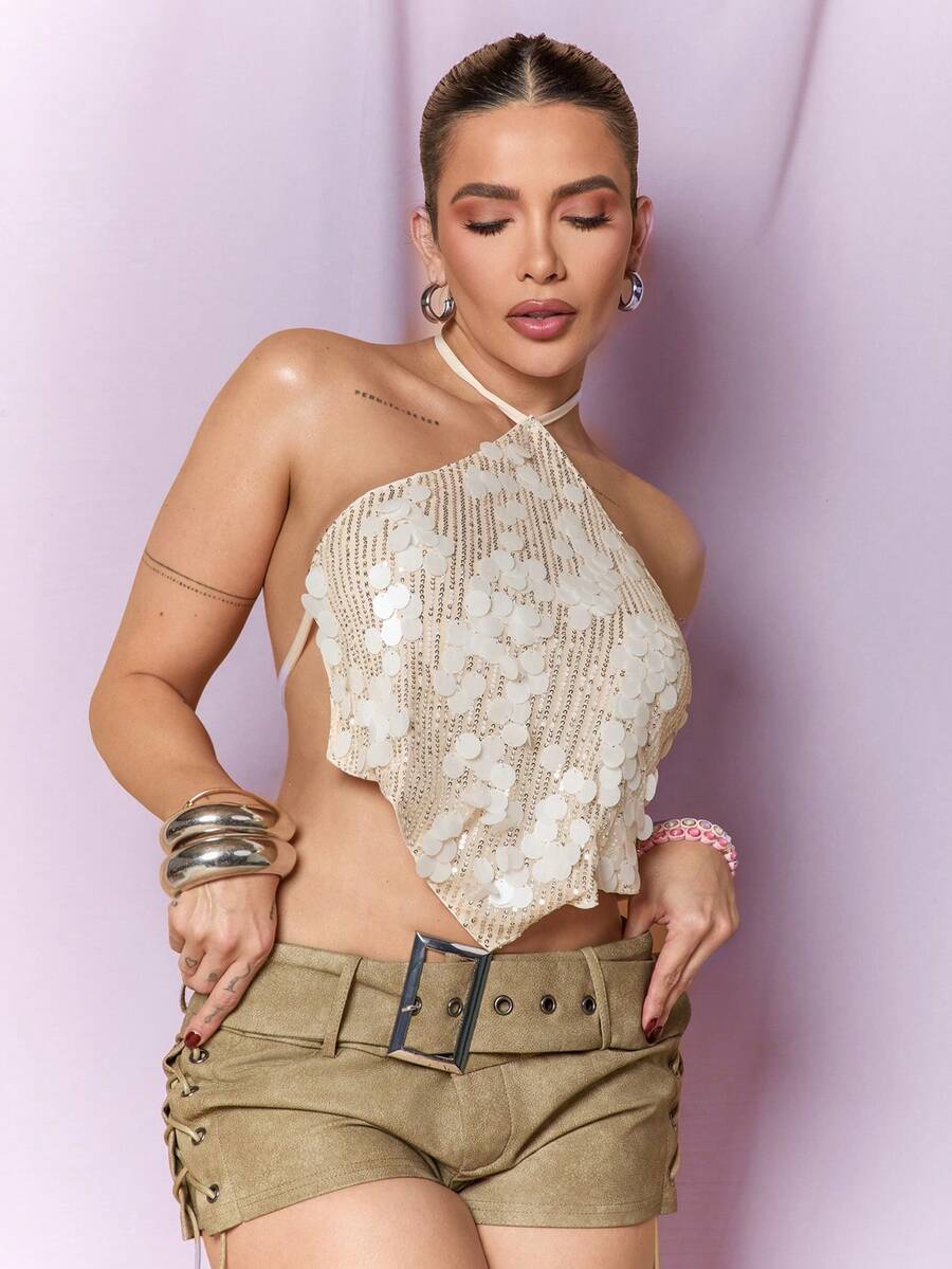 Dania Mndz Shop Women's Champagne Gold Sequin Backless Halter Top,70s Party Night Out Summer Beach Boho Tropical Concert Rave Festival Nashville Western Wear White