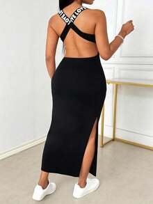 SHEIN LUNE Women's Sleeveless Backless High Waist Slit Letter Print Dress - Black - View 2