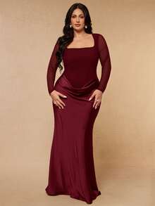 SHEIN BAE CURVE 大尺碼女款優雅長袖百褶緞面拼接洋裝 秋季 - 酒紅色 - 查看 4