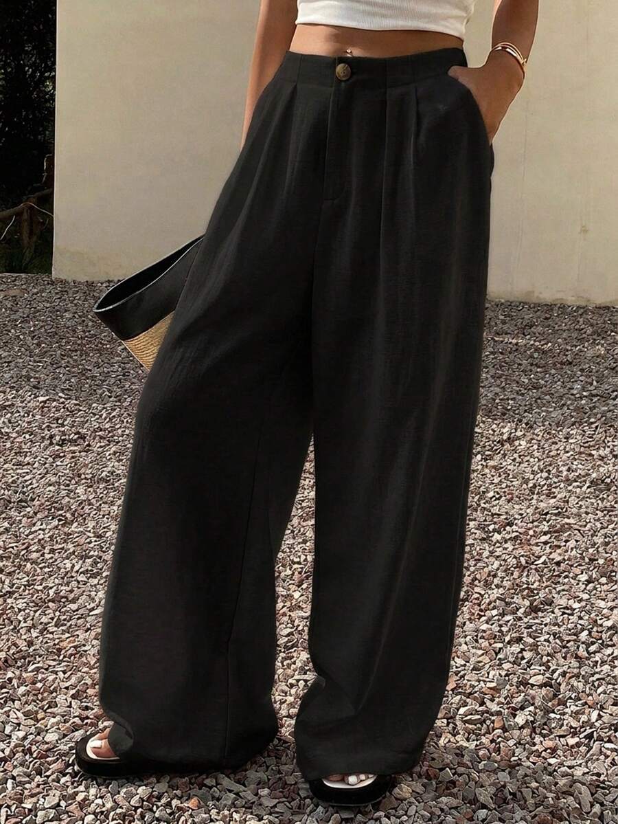 DAZY Solid Color Loose Wide Leg Pants With Pockets Casual Vacation Summer Women Long Pants - Black - View 1