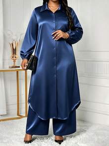 SHEIN Lady Plus Size Women Solid Color Single-Breasted Long Sleeve Top And Pants Casual Daily 2 Pieces Set Fall - Navy Blue - View 4