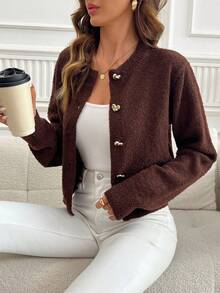SHEIN Clasi Casual Solid Color Short Hollow-Out Knit Cardigan In Fall/Winter - Brown - View 9