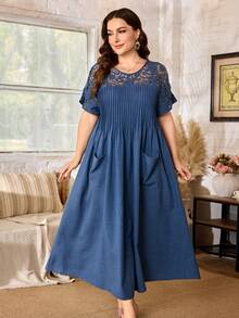 Lacomfia Damen elegantes minimalistisches gestreiftes Spitzen-Patchwork-Kleid mit aufgesetzten Taschen, locker und figurschmeichelnd, für den Sommer, Große Größen, Kurzarm - Blau - Übersicht 5