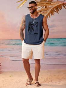EASEVO Plus Size Men's Summer Vacation Palm Tree Printed Loose Fit Knit Casual Tank Top, Father's Day Gifts - Blue - View 4