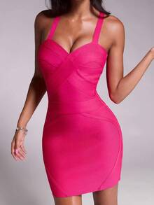 Nuvra Sexy Spaghetti Strap Short Dress With Woven Ribbon Line Decor, Fashionable Curve-Flattering And Height-Enhancing - Coral Pink - View 8