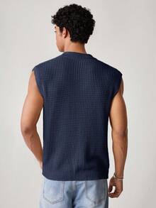 SWAVVY Men's Summer Casual Solid Color Sleeveless Knit Top - Navy Blue - View 2