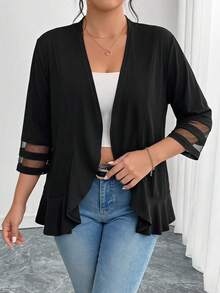 SHEIN Clasi Plus Size Elegant Commuter Mesh Patchwork Ruffle Trim Jacket Fall - Black - View 5