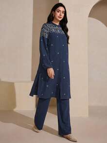 Graceveil 刺繡寬鬆外套與長褲女款日常阿拉伯風服裝套裝 - 寶藍色 - 查看 5
