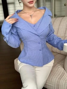 Modelyn Navy Blue Striped Slim Fit Cold Shoulder Long Sleeve Cropped ...