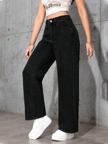 SHEIN ICON 休閒水洗直筒牛仔褲 - 黑色 - 查看 7