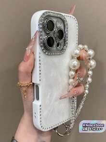 Luxury White Pearl Element Fashion Phone Case Laser Rhinestone Textured Compatible With IPhone 17 Pro Max/16 Pro Max/15/14/13 Pearl Bracelet Design Shock-Proof Protection Hard Frame Gift Anniversary Mom Gift - White - View 1
