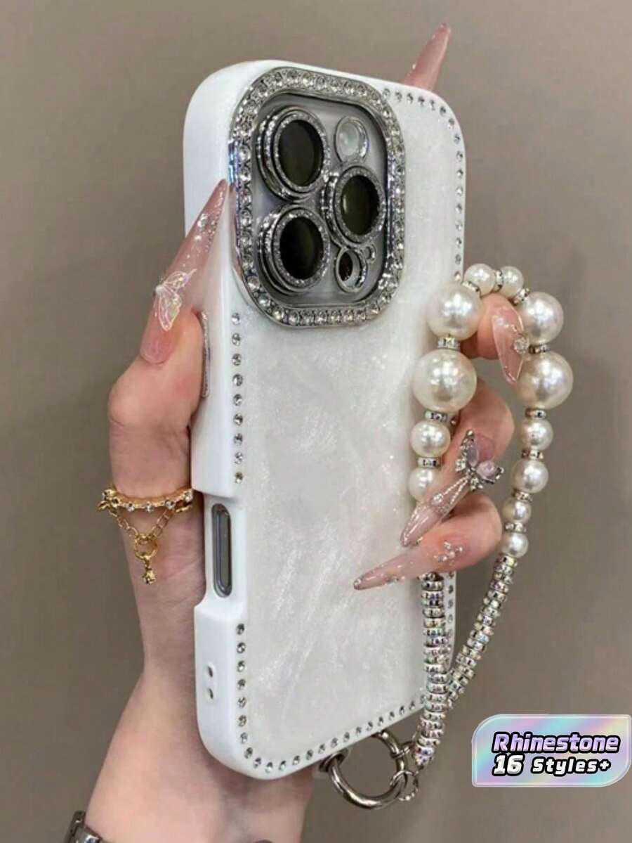 Luxury White Pearl Element Fashion Phone Case Laser Rhinestone Textured Compatible With IPhone 17 Pro Max/16 Pro Max/15/14/13 Pearl Bracelet Design Shock-Proof Protection Hard Frame Gift Anniversary Mom Gift - White - View 1
