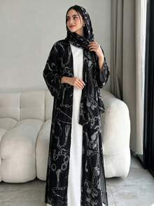 Yasmyna 鏈條印花長袖寬鬆版型阿巴雅長袍 - 黑色 - 查看 6