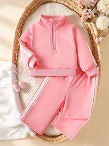 SHEIN Playful Pals 女嬰蝴蝶結刺繡運動衫套裝，休閒可愛，適合日常穿著 - 粉色 - 查看 2