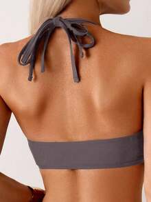 Swim Basics 女款性感兩件式純色雙肩帶露背比基尼套裝，夏季泳裝 - 咖啡棕 - 查看 5