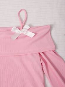SHEIN Tween Girl Fall Outfits Fall Tops Fall 2 Pieces Set: Pink Soft Polyester Off-Shoulder Camisole Top With Bowknot - Pink - View 8