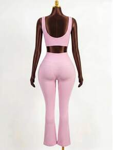 Mistrie Women's Solid Color Cropped Tank Top And Leggings Sports Set - Pink - View 7