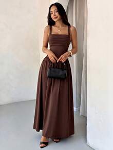 SHEIN PETITE 女款優雅純色咖啡棕方領喇叭裙，春夏款 - 摩卡棕 - 查看 1