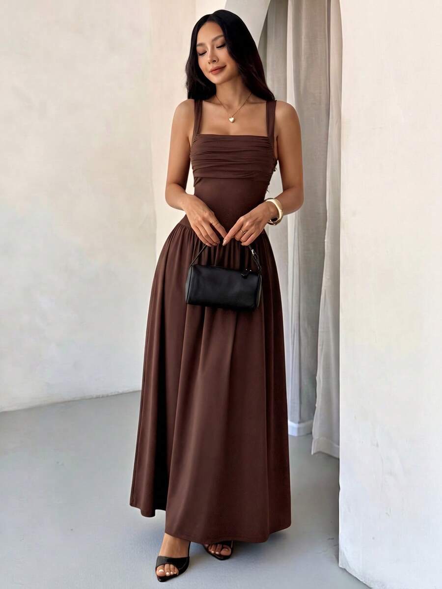 SHEIN PETITE 女款優雅純色咖啡棕方領喇叭裙,春夏款 - 摩卡棕 - 查看 1
