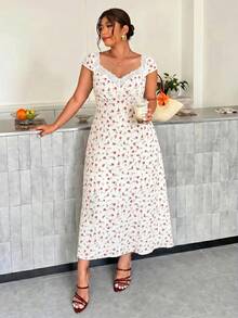Firerie Plus Size Summer Casual Ditsy Floral Contrast Lace Heart Neck Dress - Apricot - View 4